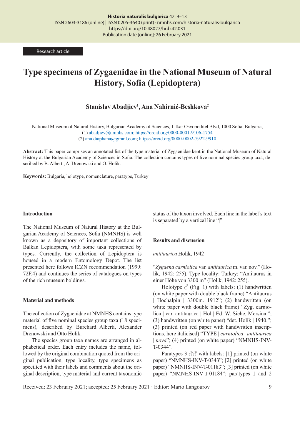 Type Specimens of Zygaenidae in the National Museum of Natura…
