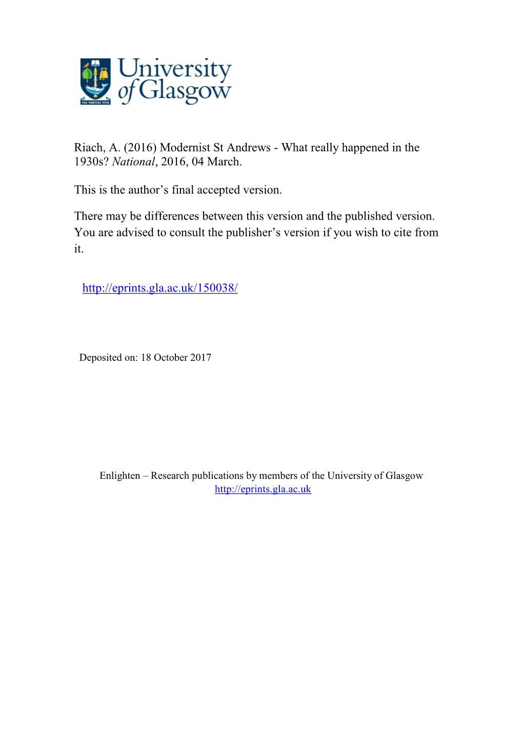 Modernist St Andrews - What Really Happened in the 1930S? National, 2016, 04 March