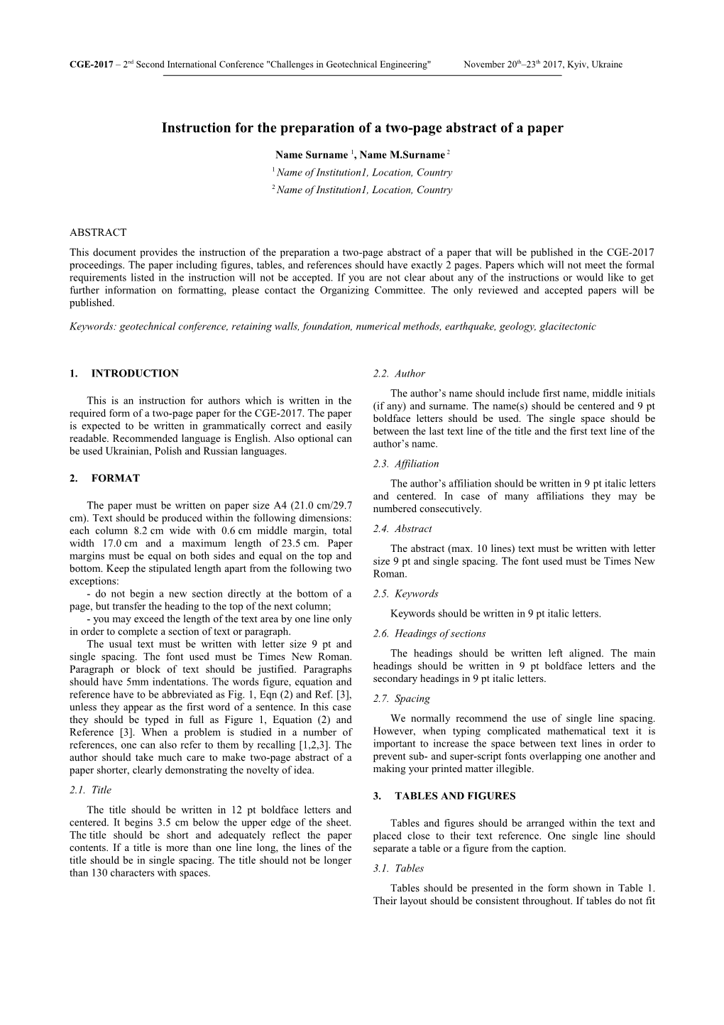 Instruction for the Preparation of a Two-Page Abstract of a Paper