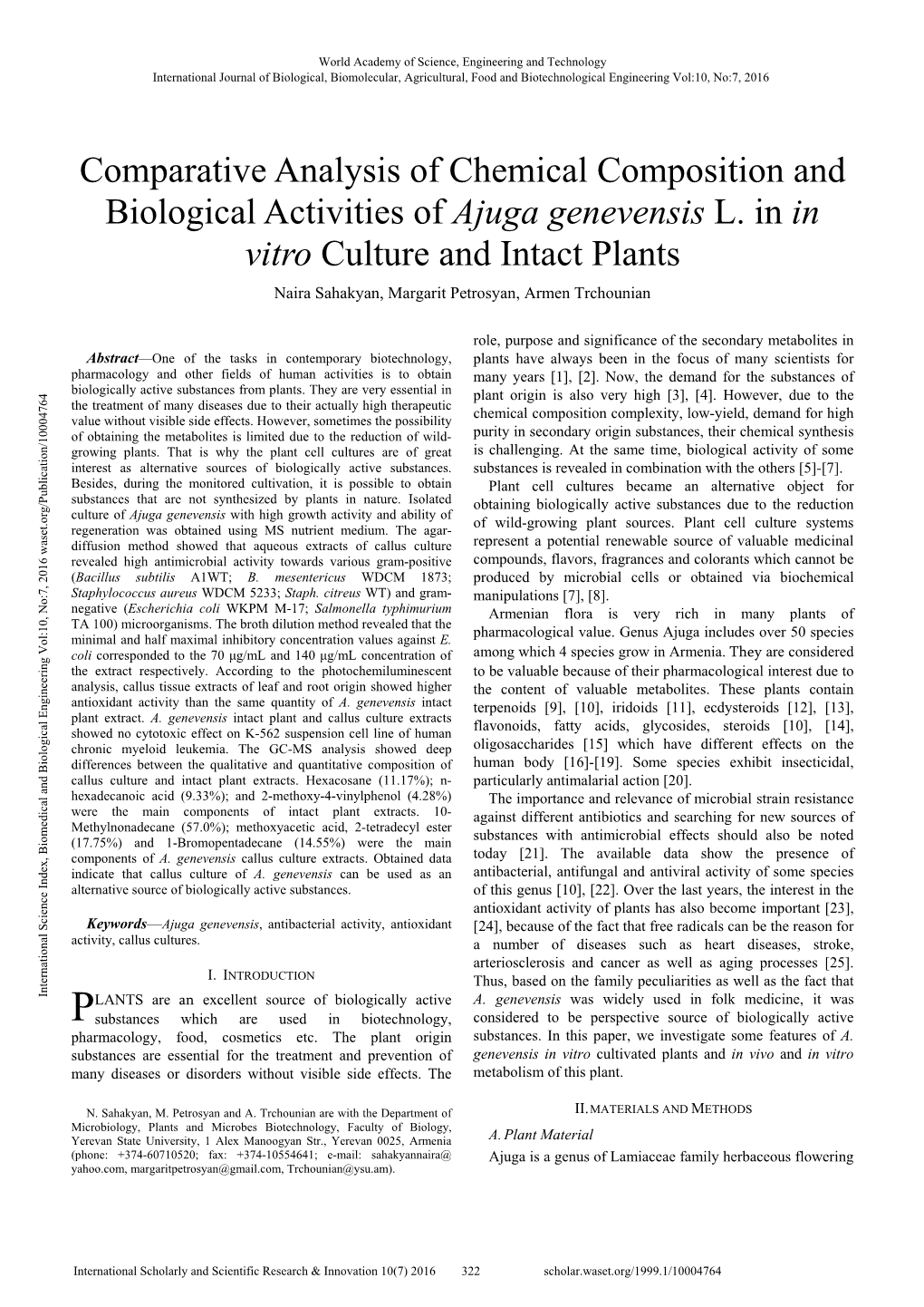 Comparative Analysis of Chemical Composition and Biological Activities of Ajuga Genevensis L