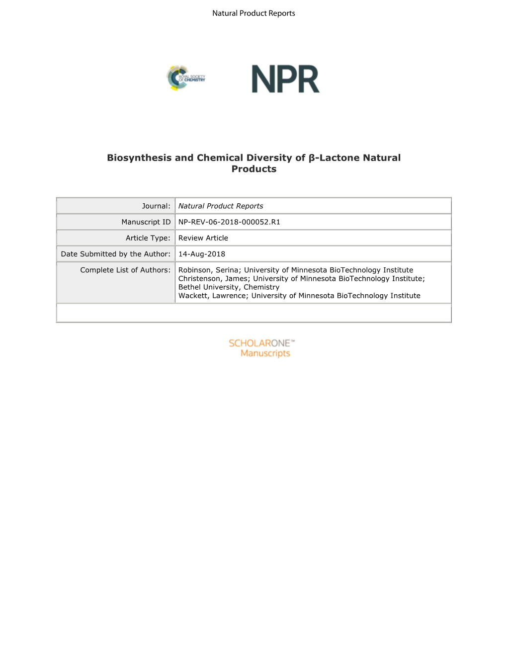 Biosynthesis and Chemical Diversity of Β-Lactone Natural Products 20Xx, Serina L