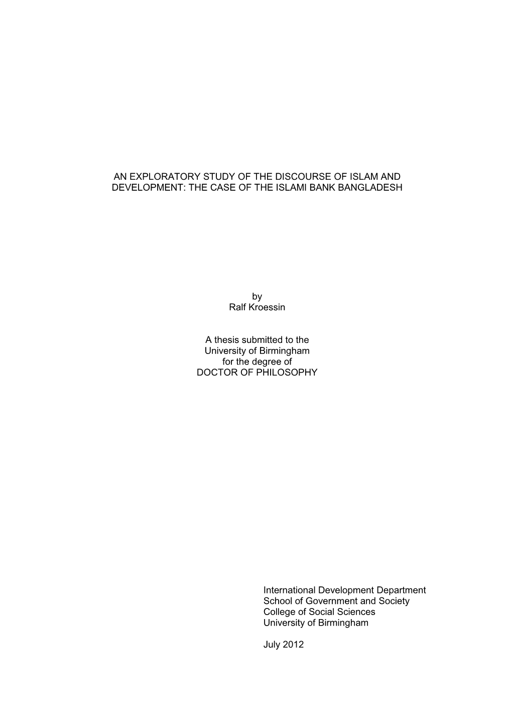 An Exploratory Study of the Discourse of Islam and Development: the Case of the Islami Bank Bangladesh