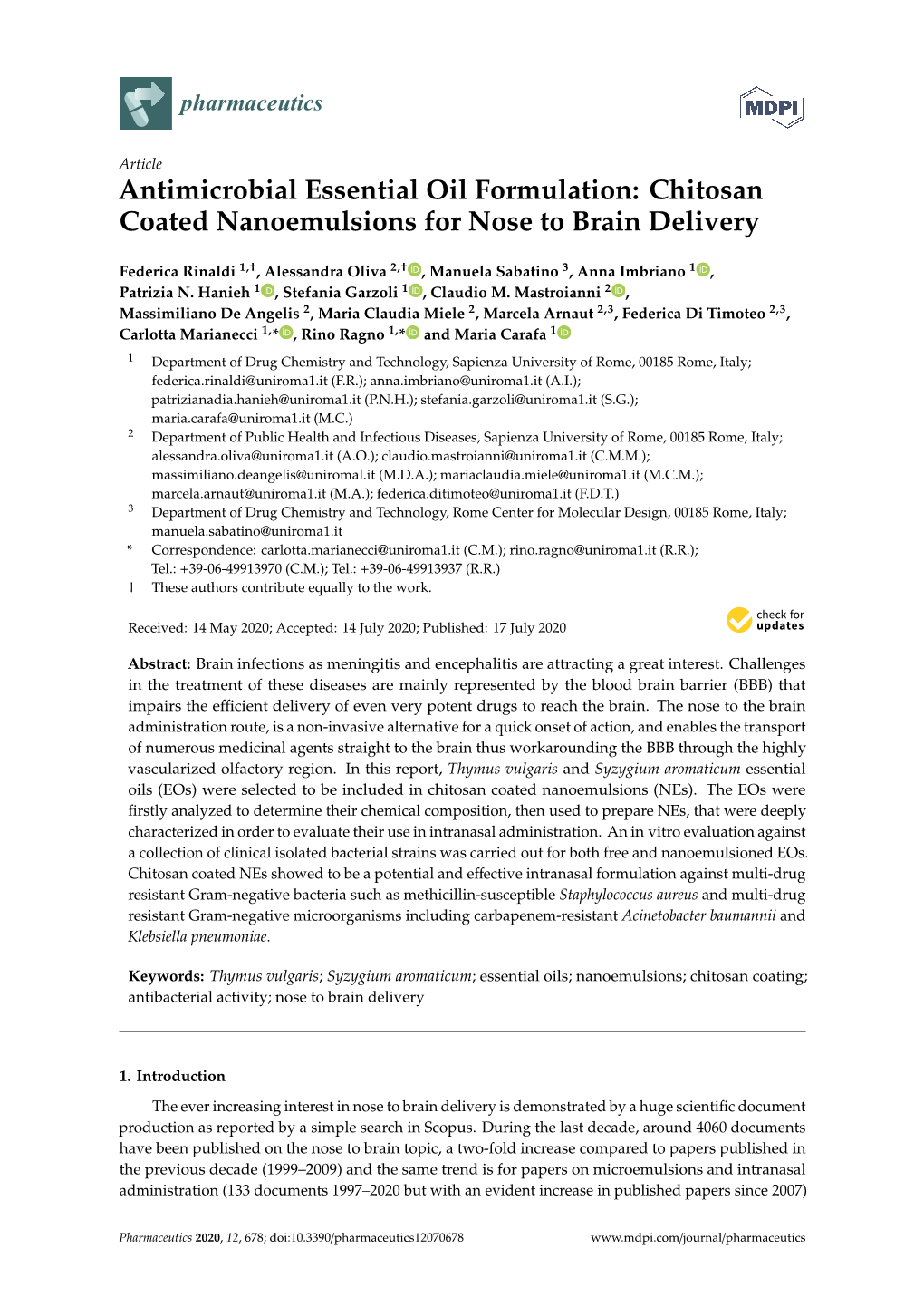 Antimicrobial Essential Oil Formulation: Chitosan Coated Nanoemulsions for Nose to Brain Delivery