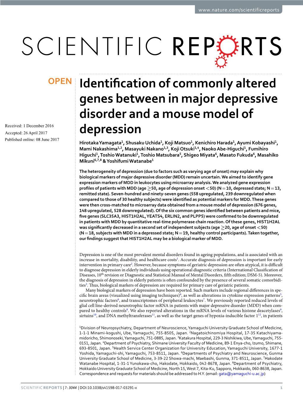 Identification of Commonly Altered Genes Between in Major Depressive Disorder and a Mouse Model of Depression