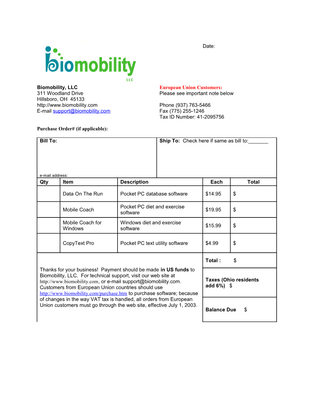 Biomobility, LLC 311 Woodland Drive Hillsboro, OH 45133 E-Mail