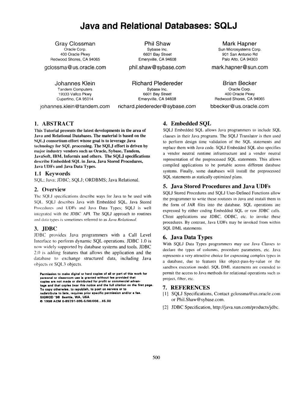 Java and Relational Databases: SQLJ