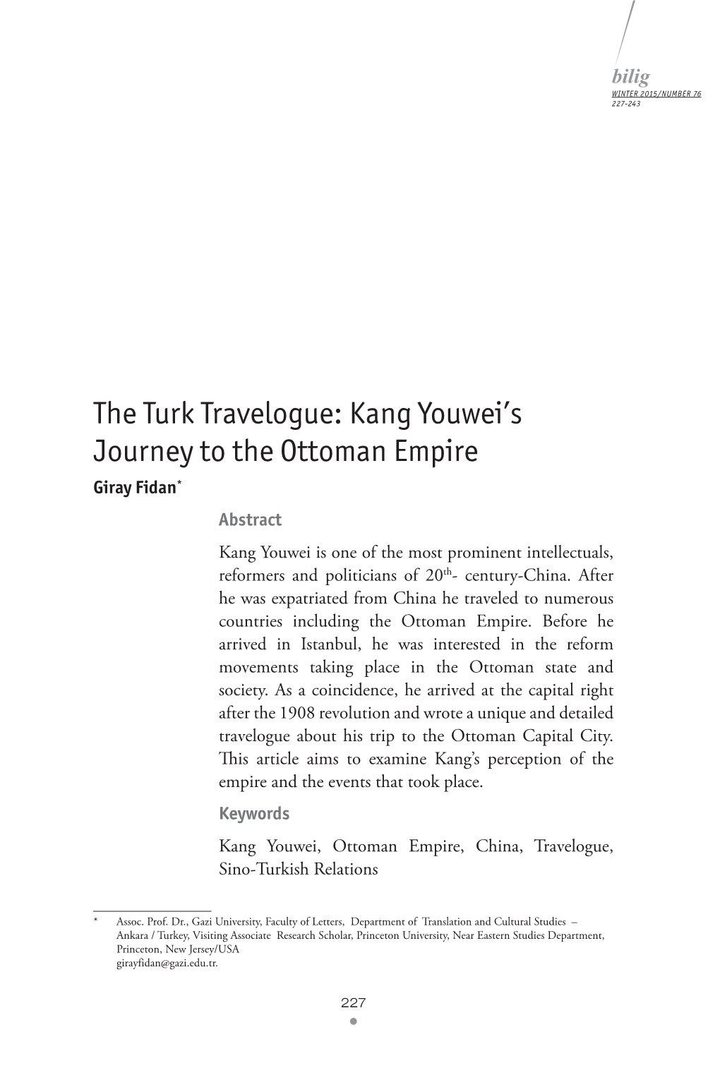 The Turk Travelogue: Kang Youwei's Journey to the Ottoman Empire