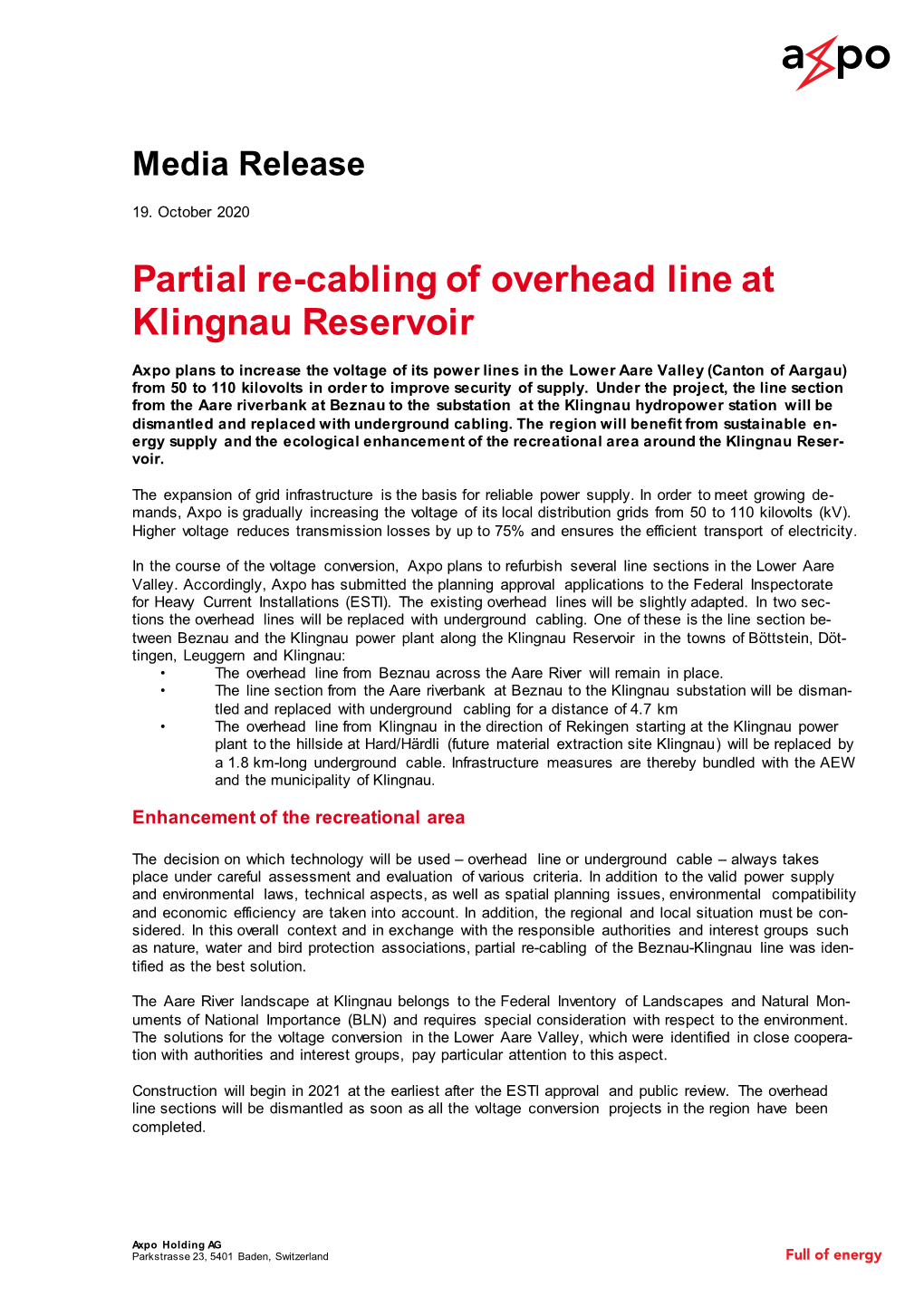 Partial Re-Cabling of Overhead Line at Klingnau Reservoir