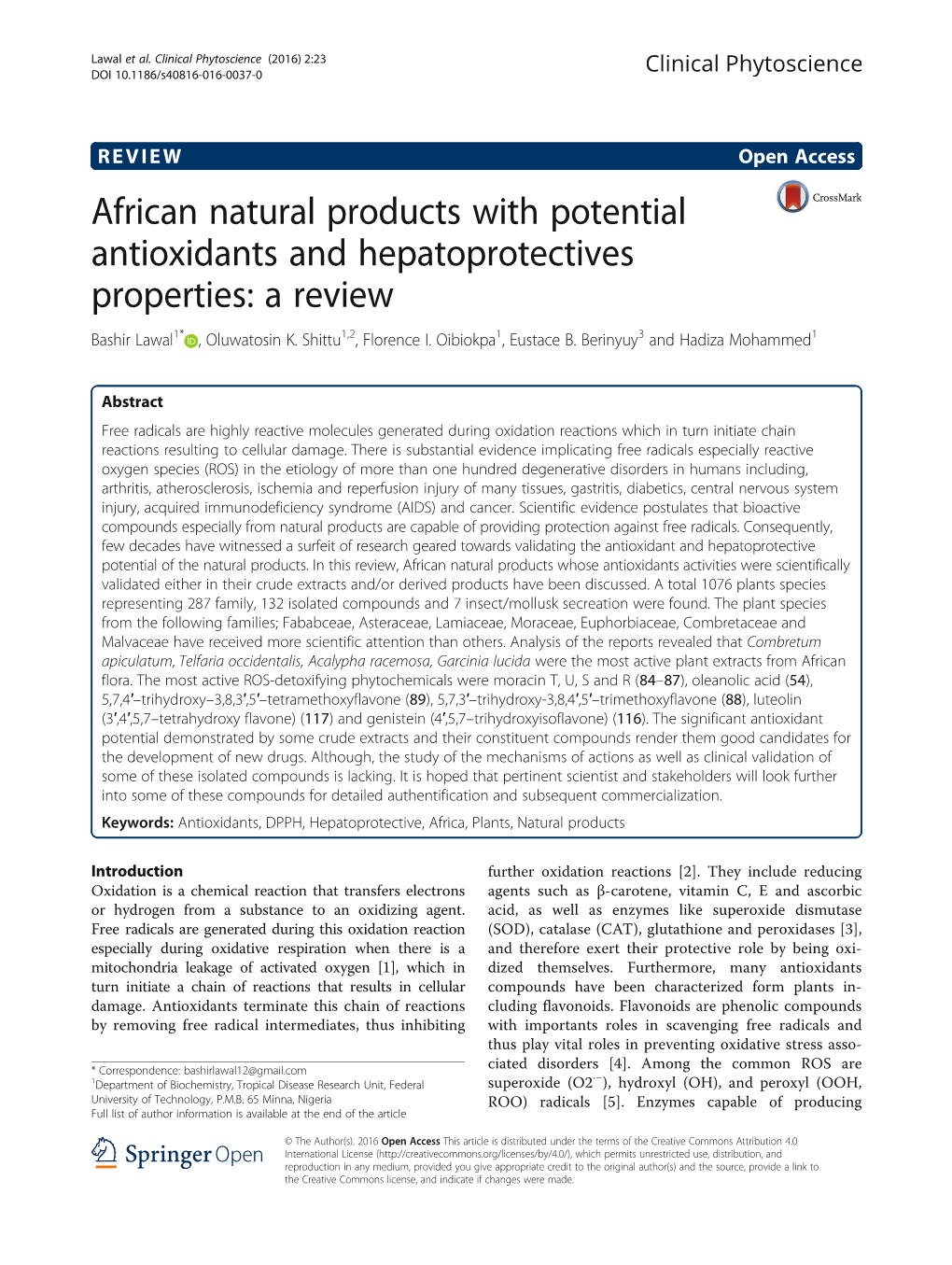 African Natural Products with Potential Antioxidants and Hepatoprotectives Properties: a Review Bashir Lawal1* , Oluwatosin K