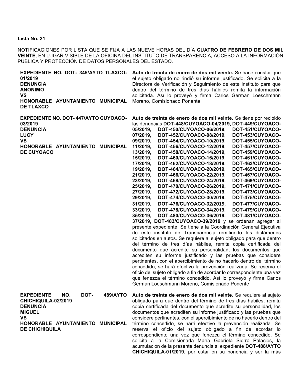 Lista No. 21 NOTIFICACIONES POR LISTA QUE SE FIJA a LAS NUEVE