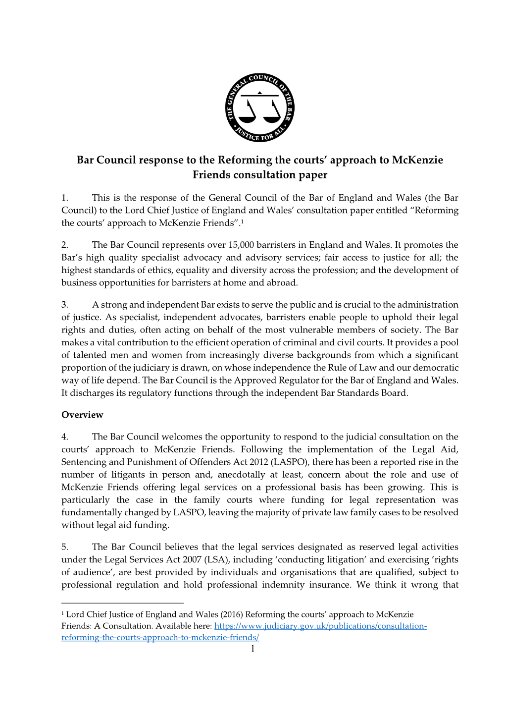 Bar Council Response to the Reforming the Courts' Approach to Mckenzie Friends Consultation Paper