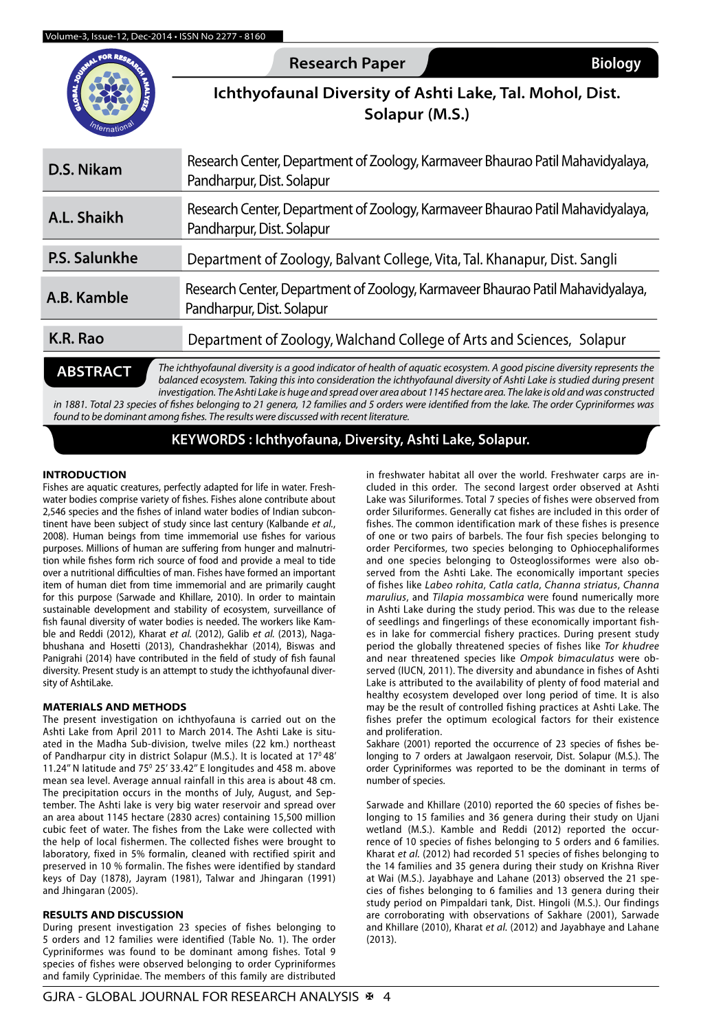 Research Paper Biology Ichthyofaunal Diversity of Ashti Lake, Tal. Mohol, Dist