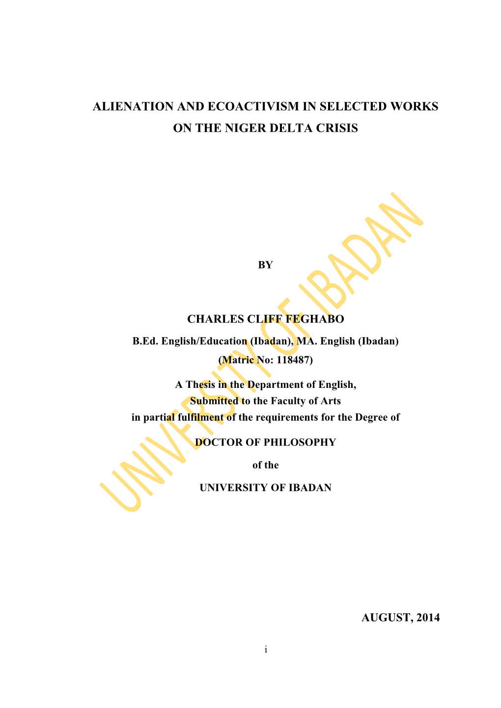 Alienation and Ecoactivism in Selected Works on the Niger Delta Crisis