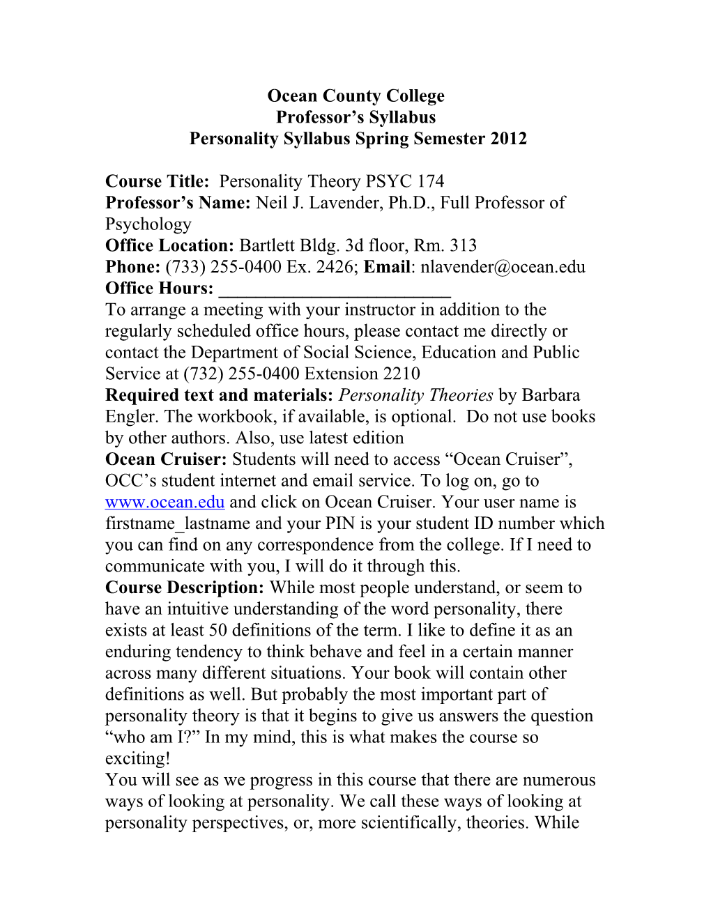 Personality Syllabus Spring Semester 2012