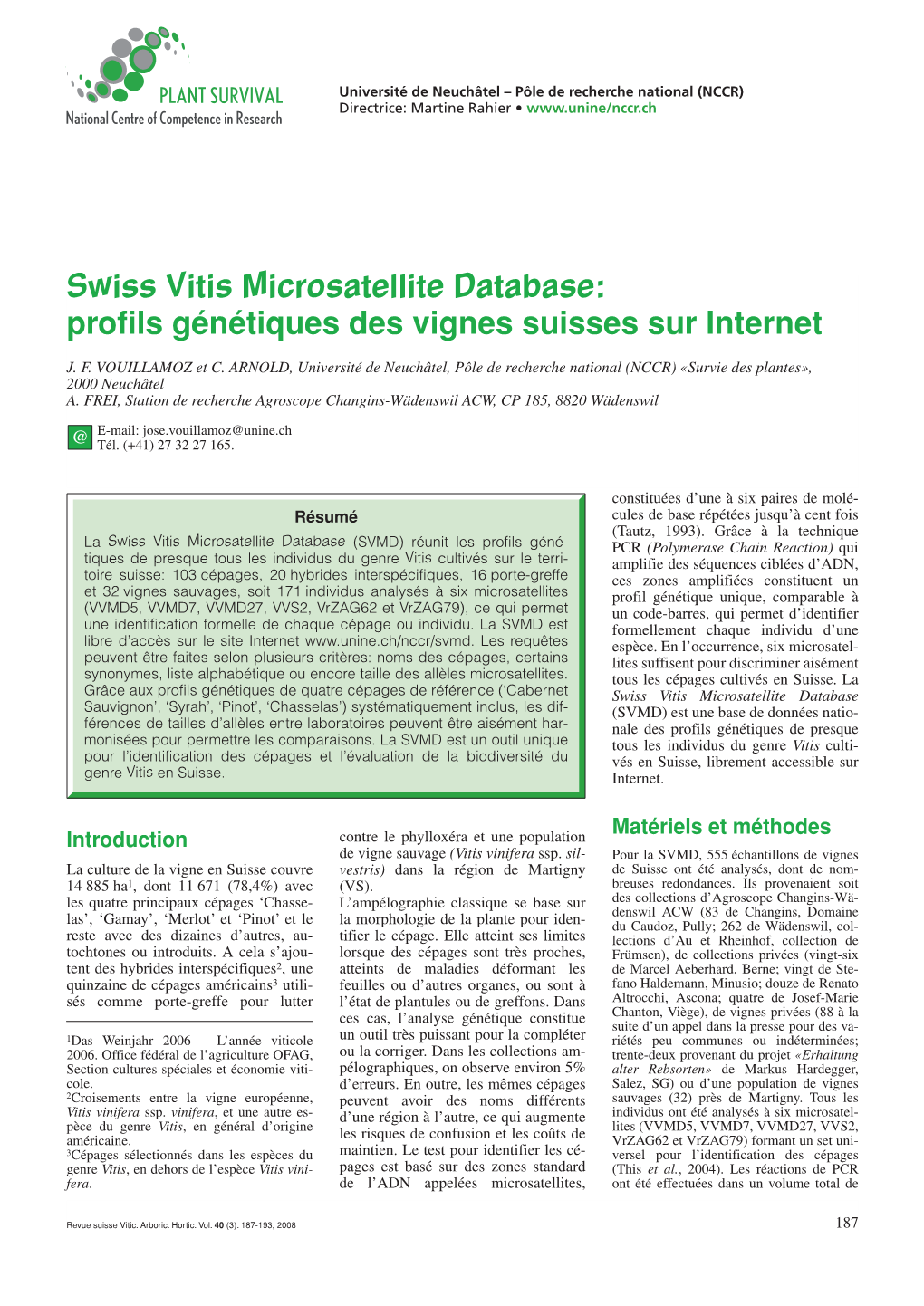 Swiss Vitis Microsatellite Database: Profils Génétiques Des Vignes Suisses Sur Internet