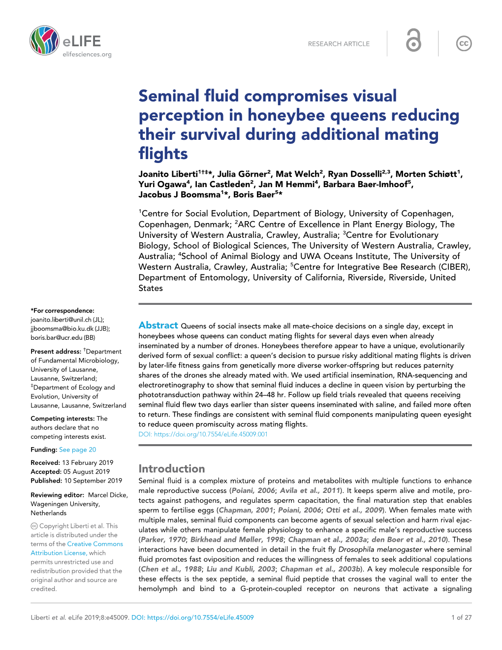 Seminal Fluid Compromises Visual Perception in Honeybee Queens