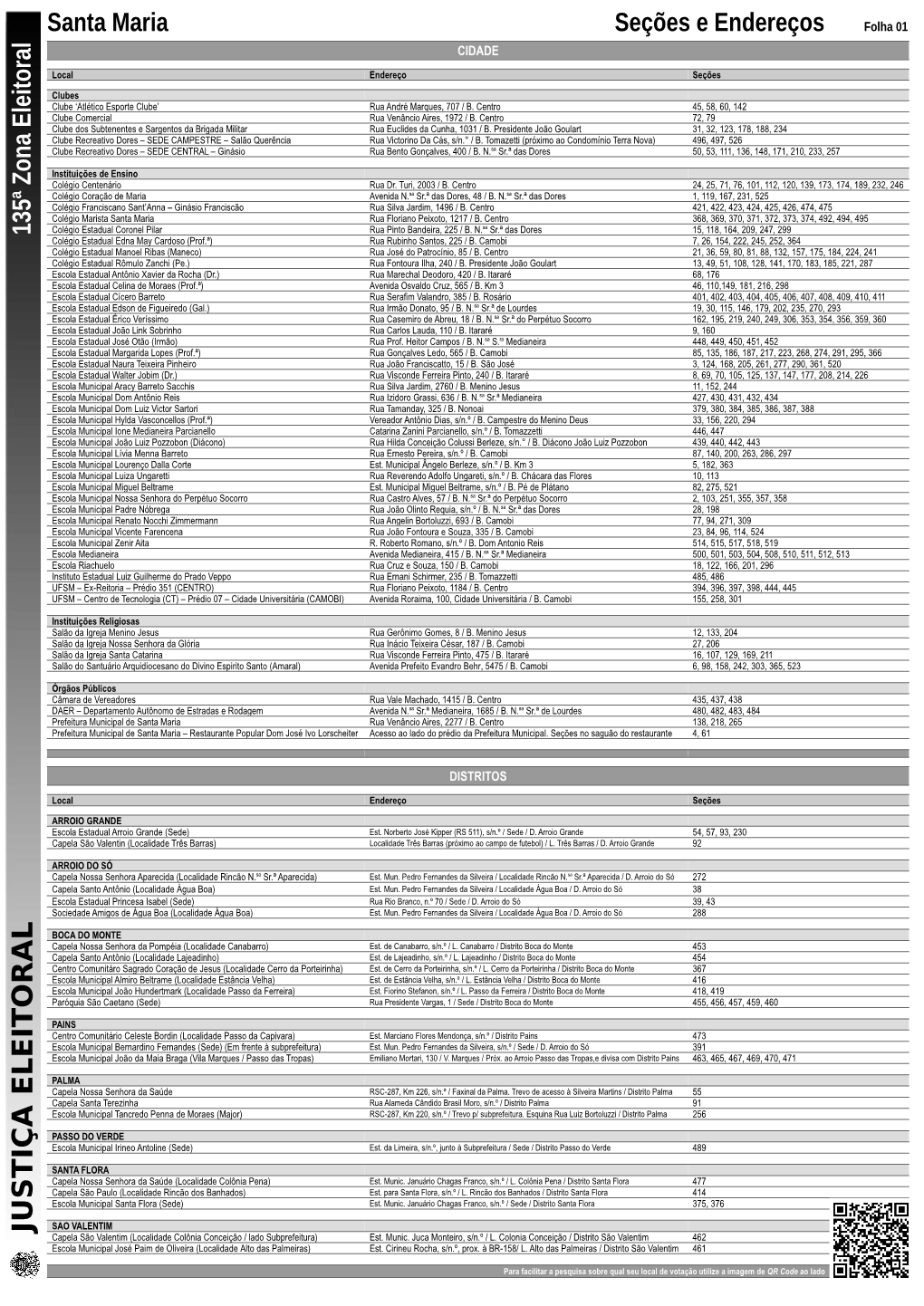 Santa Maria Seções E Endereços Folha 01 L CIDADE a R Local Endereço Seções O T I Clubes E Clube ‘Atlético Esporte Clube’ Rua André Marques, 707 / B