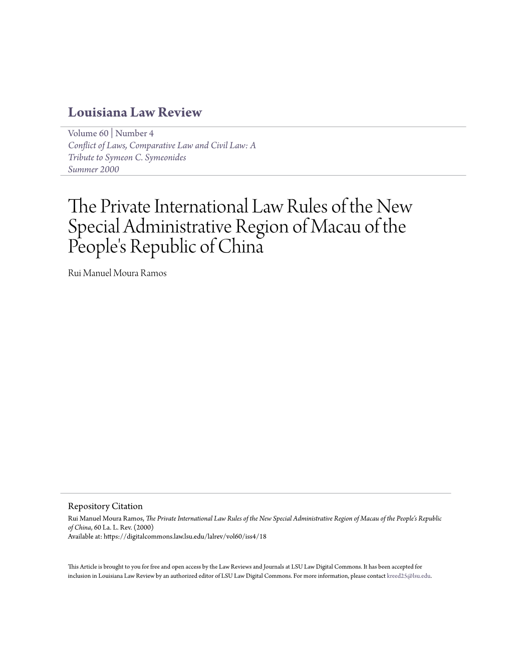 The Private International Law Rules of the New Special Administrative Region of Macau of the People's Republic of China, 60 La