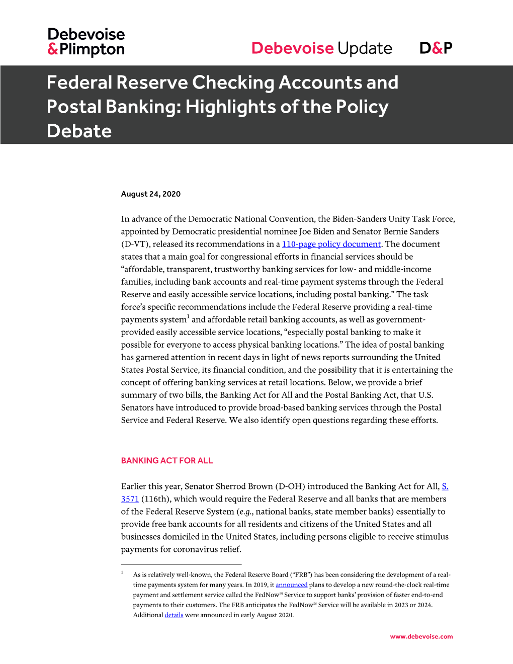 Federal Reserve Checking Accounts and Postal Banking: Highlights of the Policy Debate