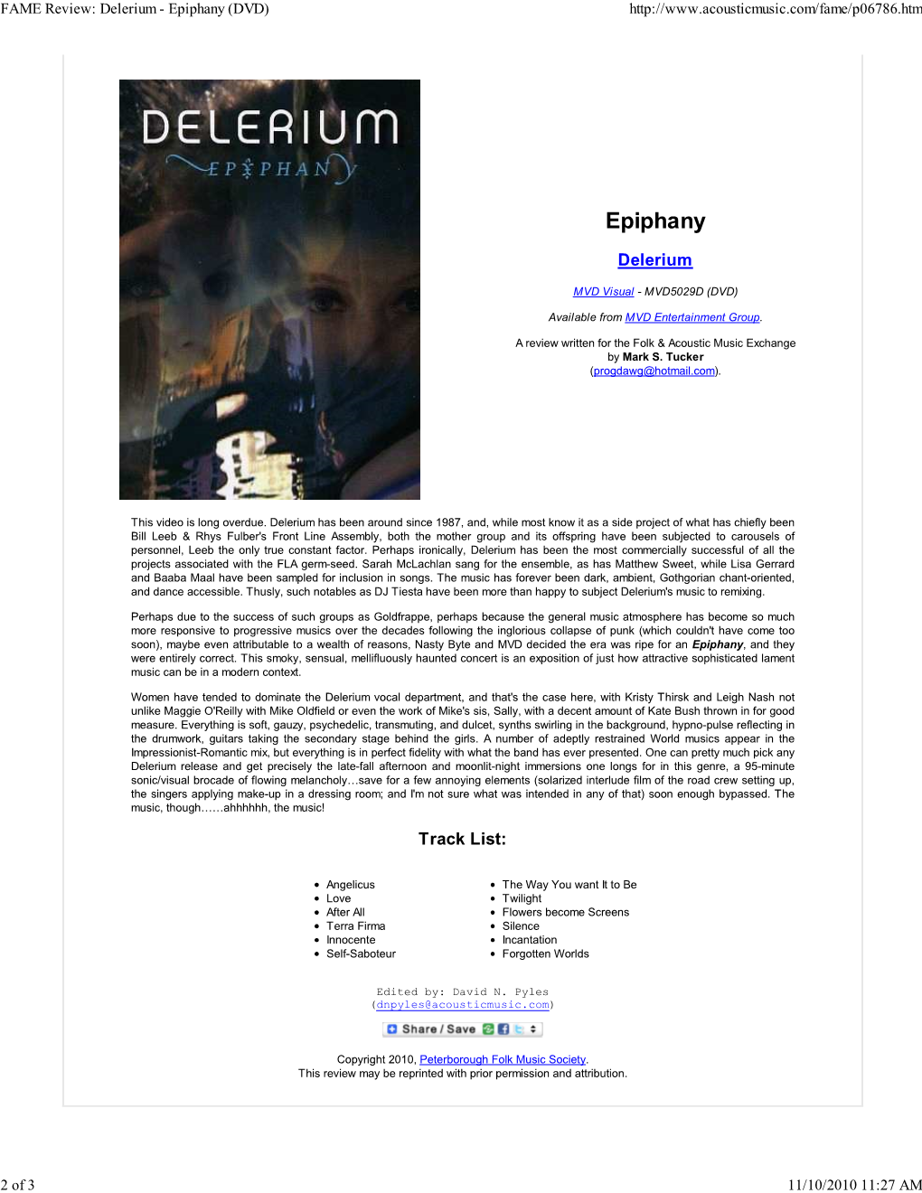 FAME Review: Delerium - Epiphany (DVD)