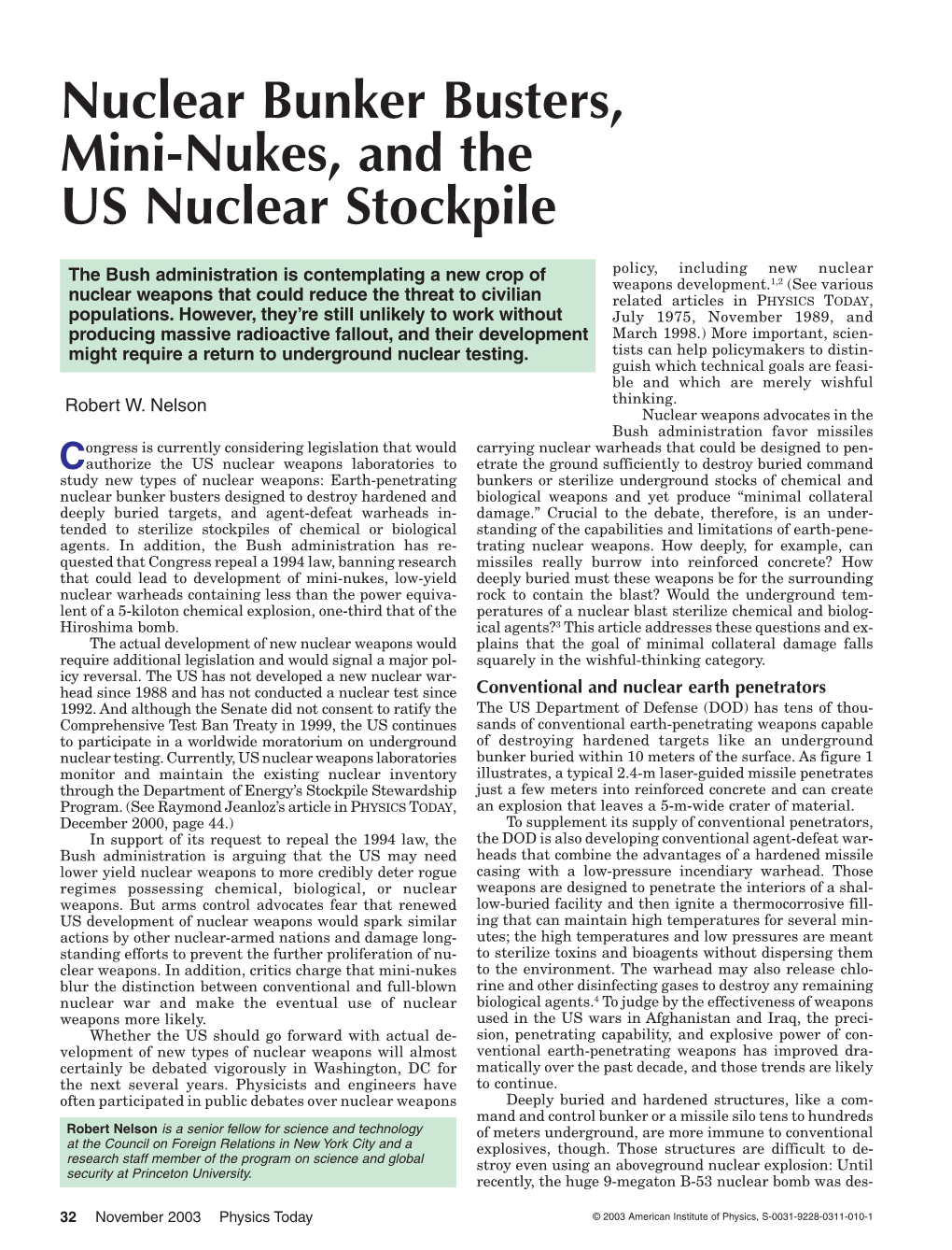 Nuclear Bunker Buster, Mini-Nukes, and the US Nuclear Stockpile