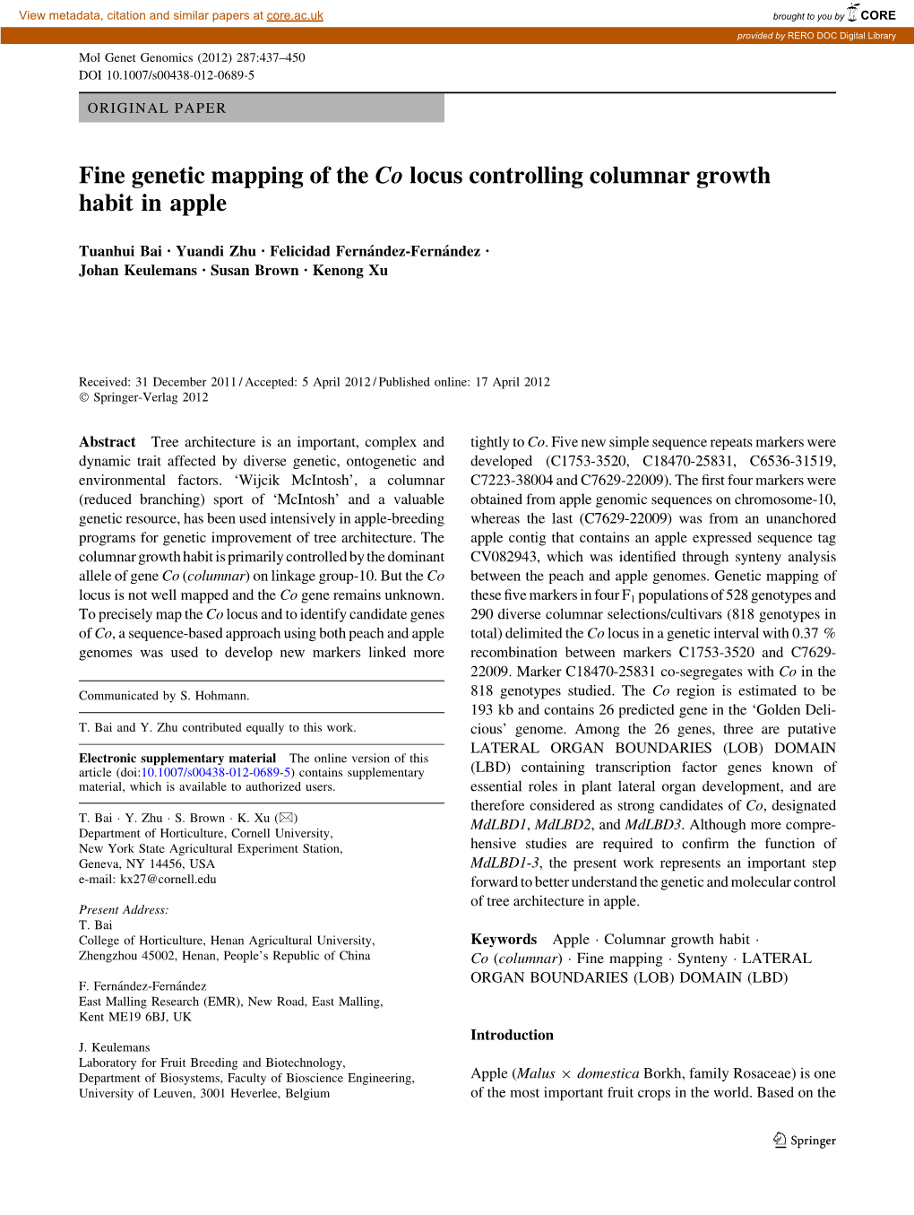 Fine Genetic Mapping of the Co Locus Controlling Columnar Growth Habit in Apple