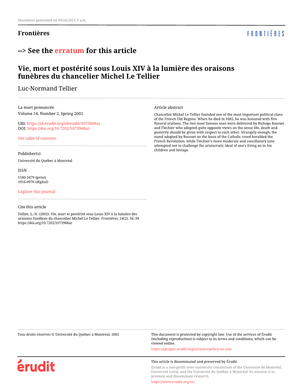 Vie, Mort Et Postérité Sous Louis XIV À La Lumière Des Oraisons Funèbres Du Chancelier Michel Le Tellier Luc-Normand Tellier