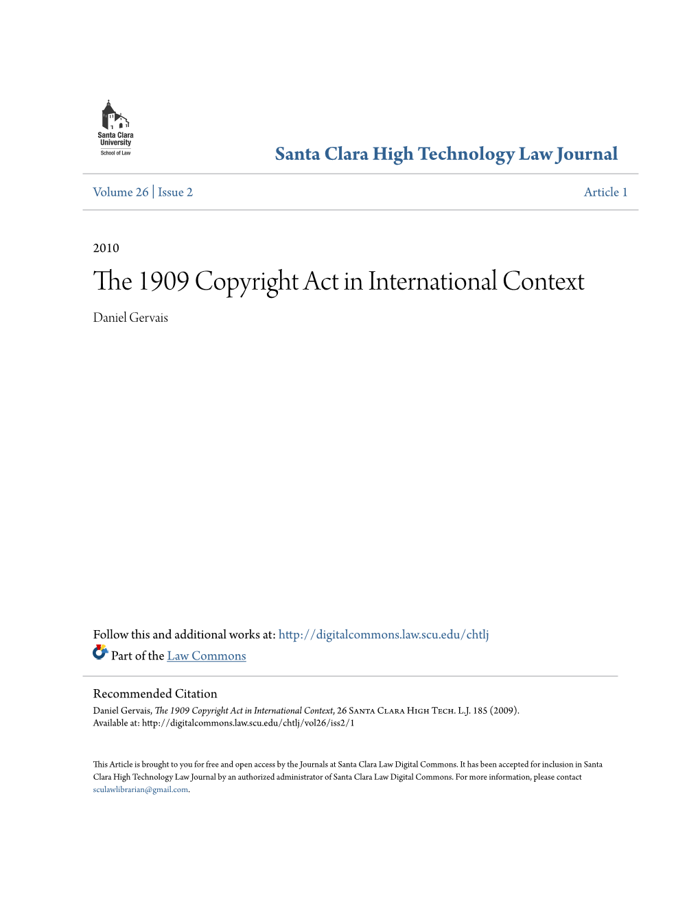 The 1909 Copyright Act in International Context, 26 Santa Clara High Tech