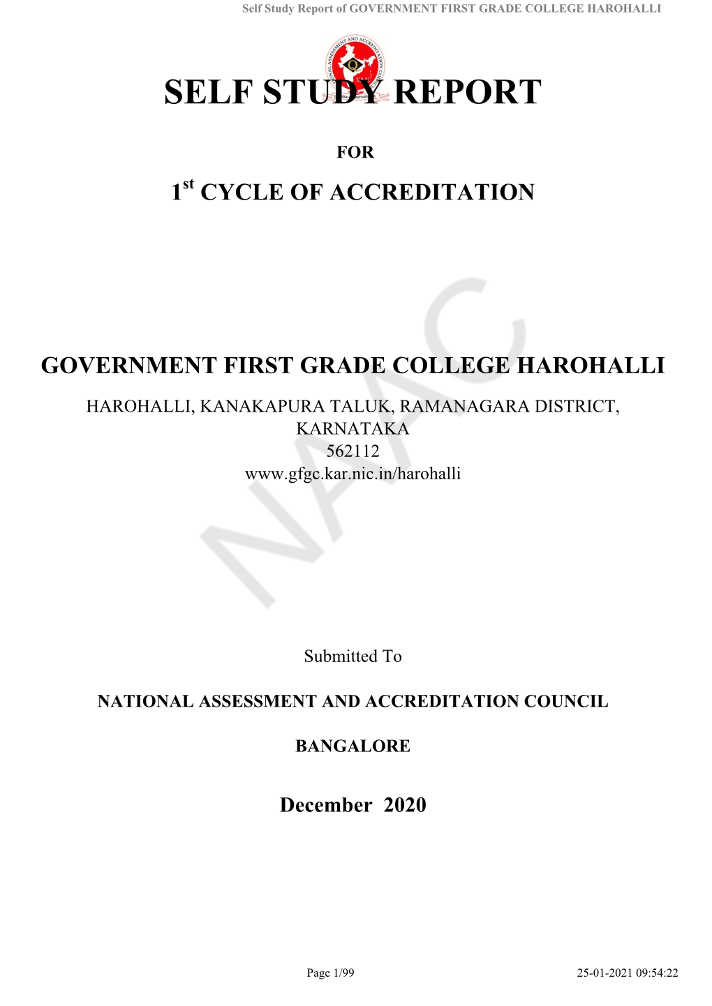 Self Study Report of GOVERNMENT FIRST GRADE COLLEGE HAROHALLI