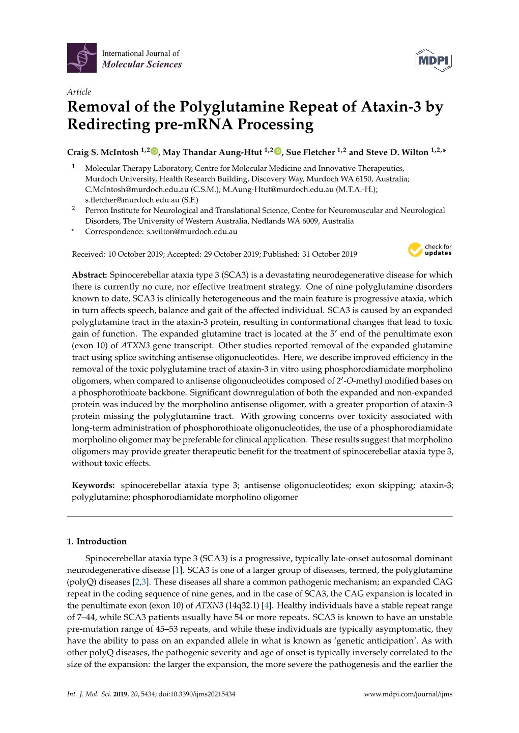 Removal of the Polyglutamine Repeat of Ataxin-3 by Redirecting Pre-Mrna Processing