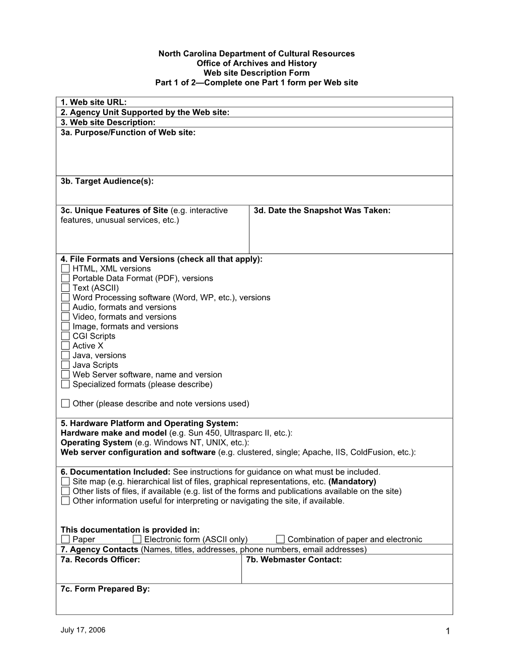 North Carolina Department of Cultural Resources Office of Archives and History Web Site Description Form Part 1 of 2—Complete One Part 1 Form Per Web Site