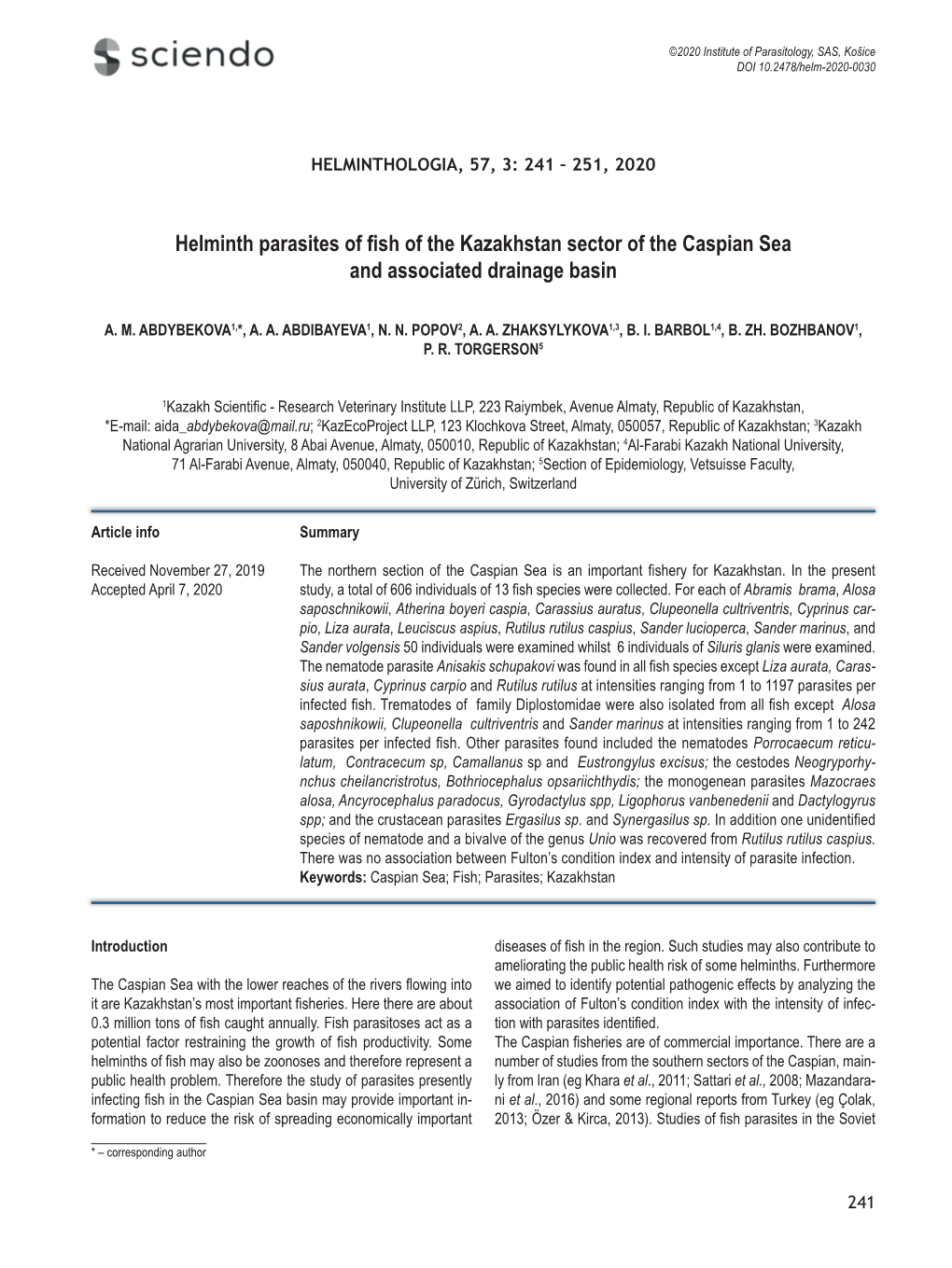 Helminth Parasites of Fish of the Kazakhstan Sector of The