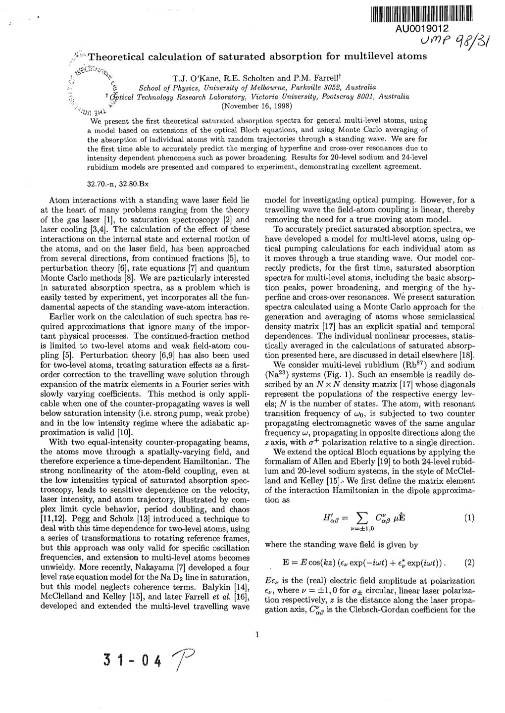 Theoretical Calculation of Saturated Absorption for Multilevel Atoms