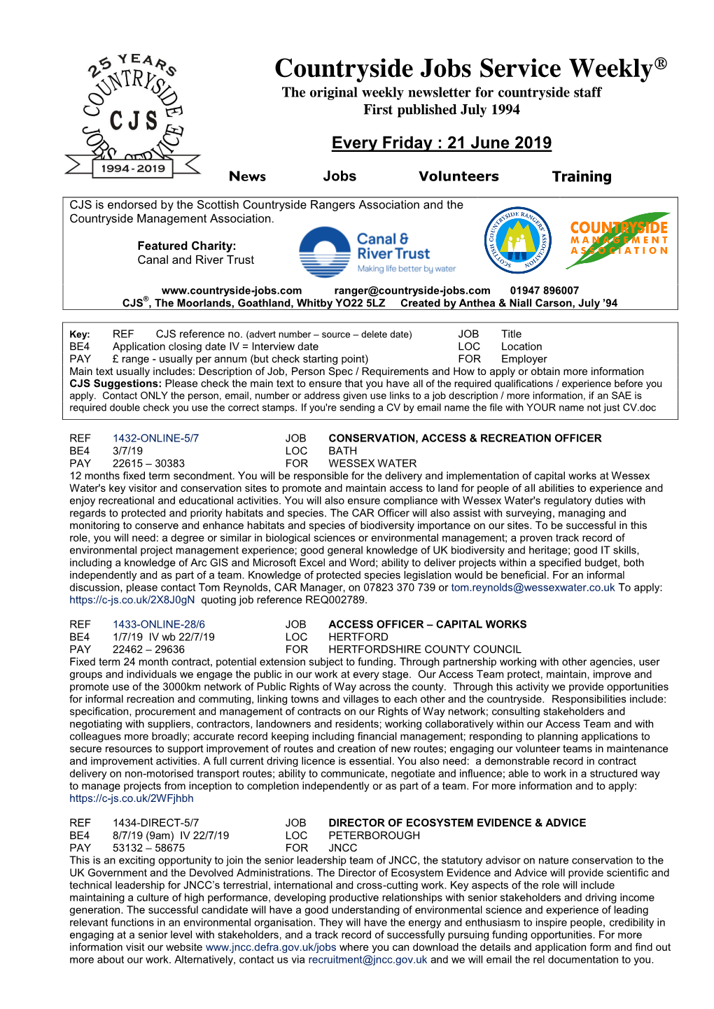 Countryside Jobs Service Weekly® the Original Weekly Newsletter for Countryside Staff First Published July 1994