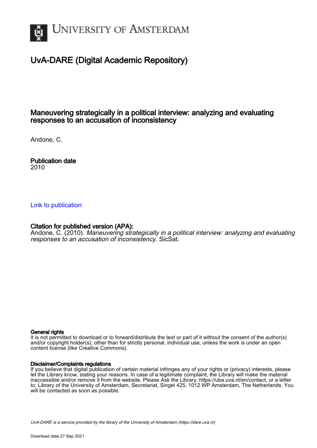 Maneuvering Strategically in a Political Interview: Analyzing and Evaluating Responses to an Accusation of Inconsistency