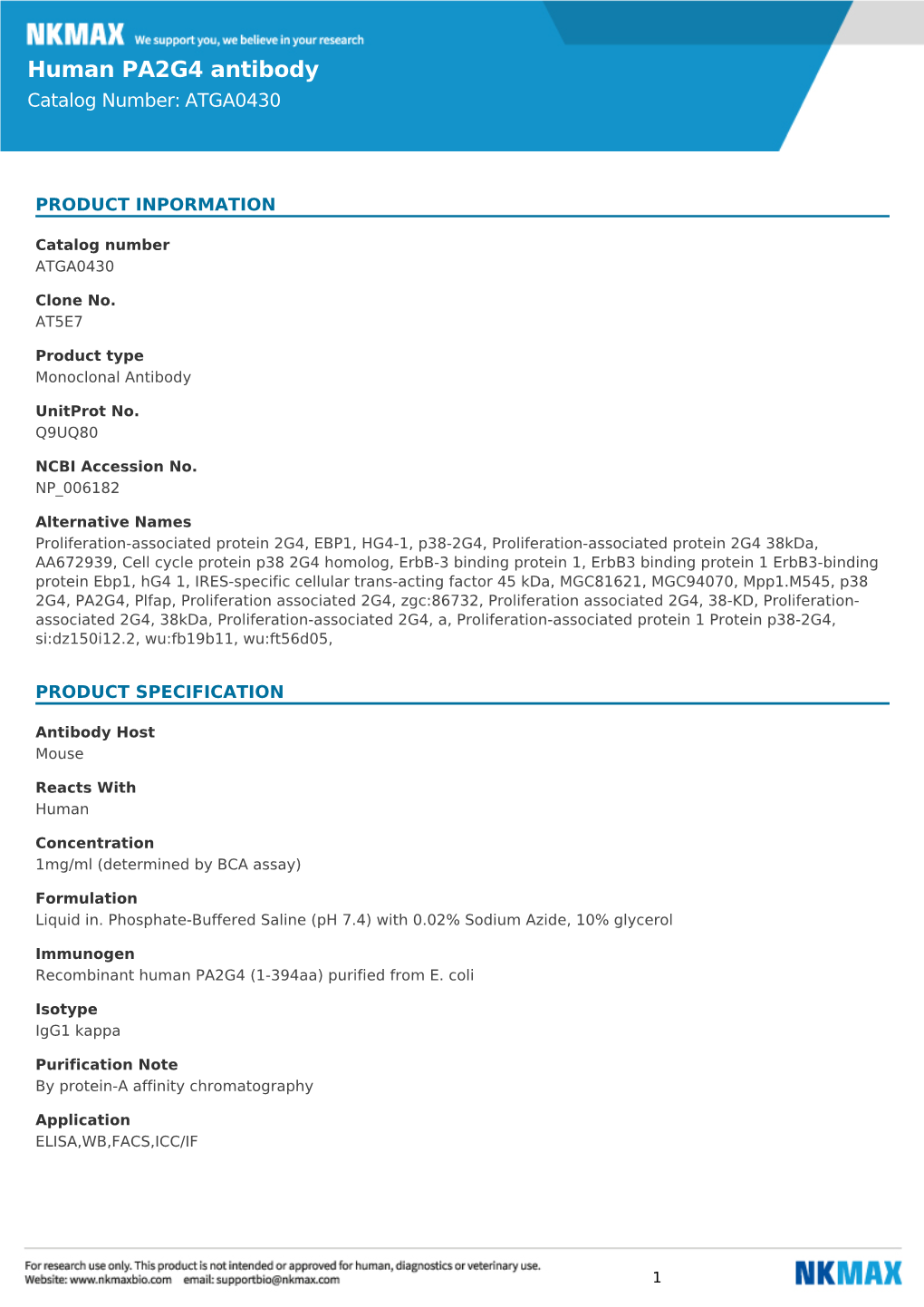 Human PA2G4 Antibody Catalog Number: ATGA0430