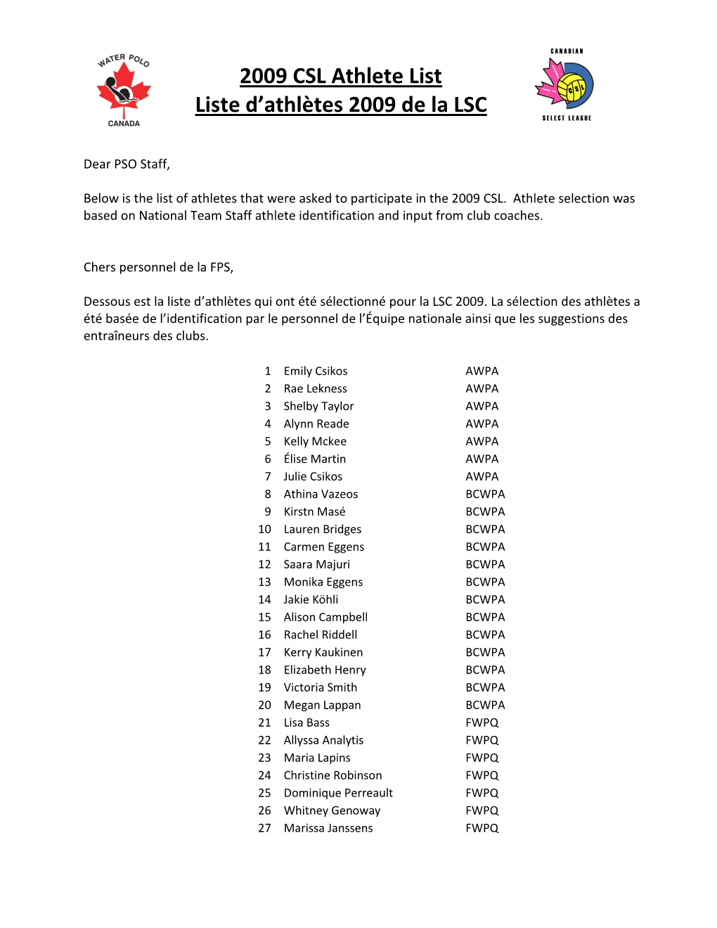 2009 CSL Athlete List Liste D'athlètes 2009 De La