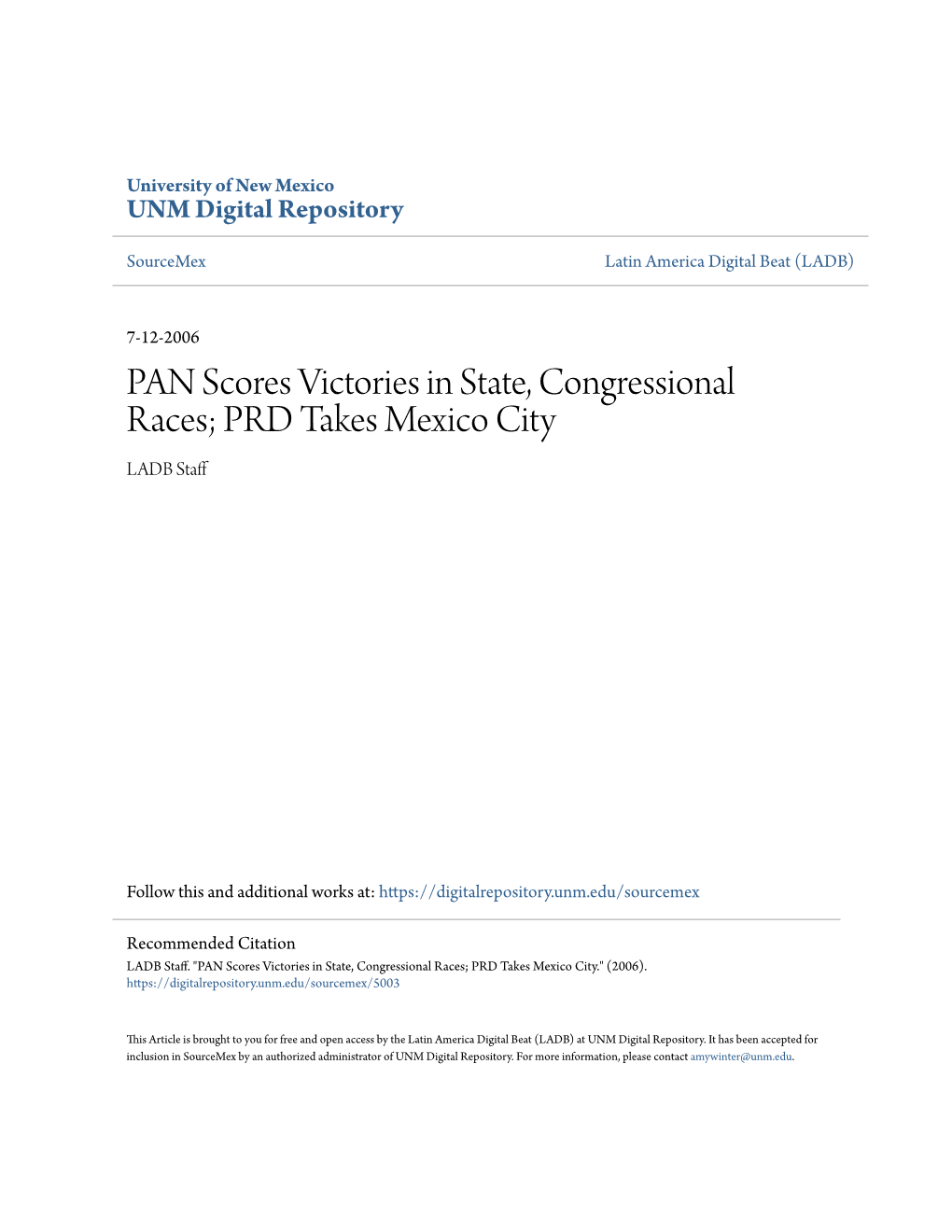 PAN Scores Victories in State, Congressional Races; PRD Takes Mexico City LADB Staff