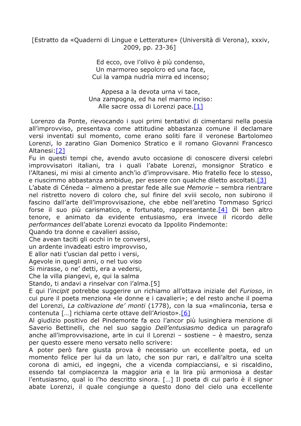 [Estratto Da «Quaderni Di Lingue E Letterature» (Università Di Verona), Xxxiv, 2009, Pp