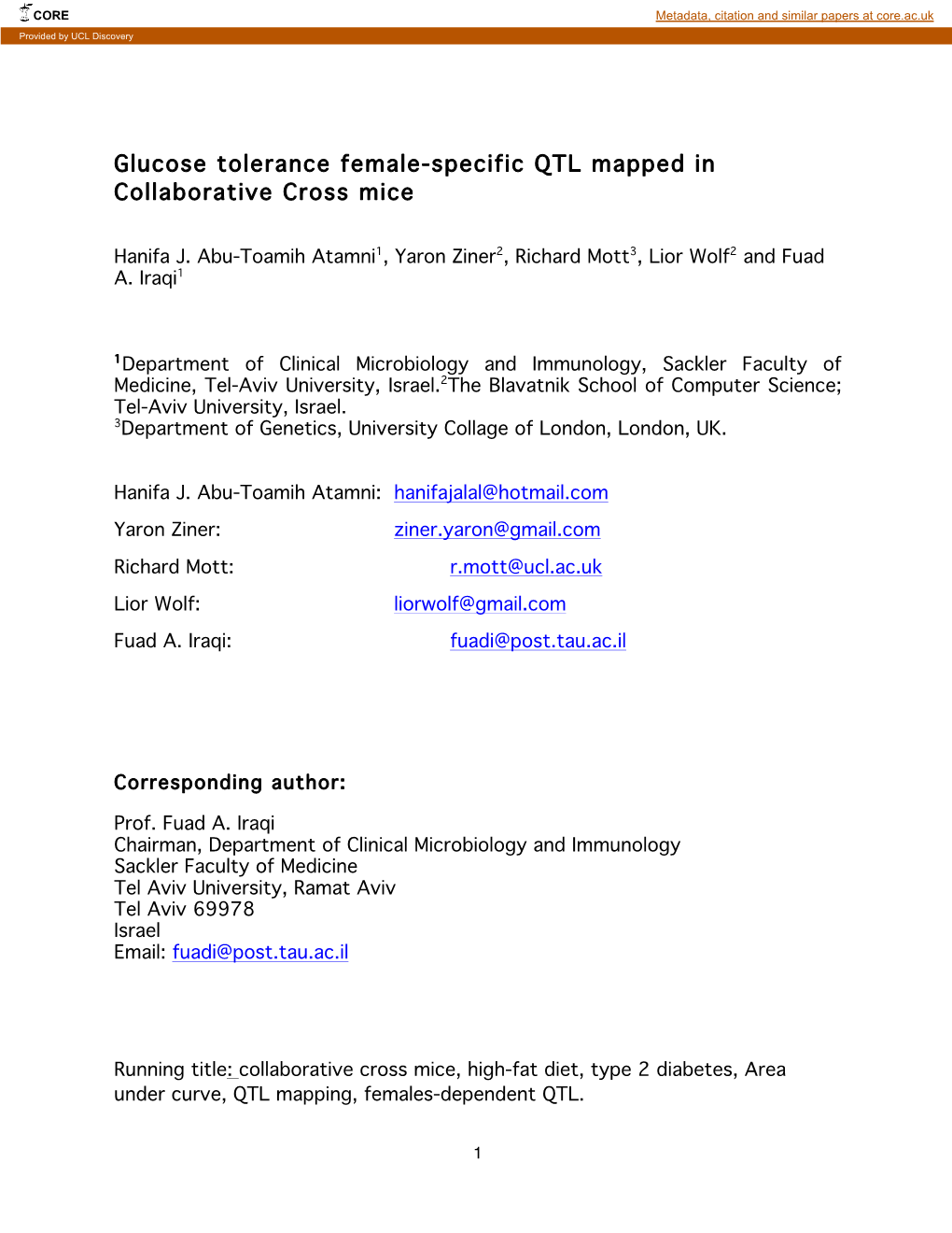 Glucose Tolerance Female-Specific QTL Mapped in Collaborative Cross Mice