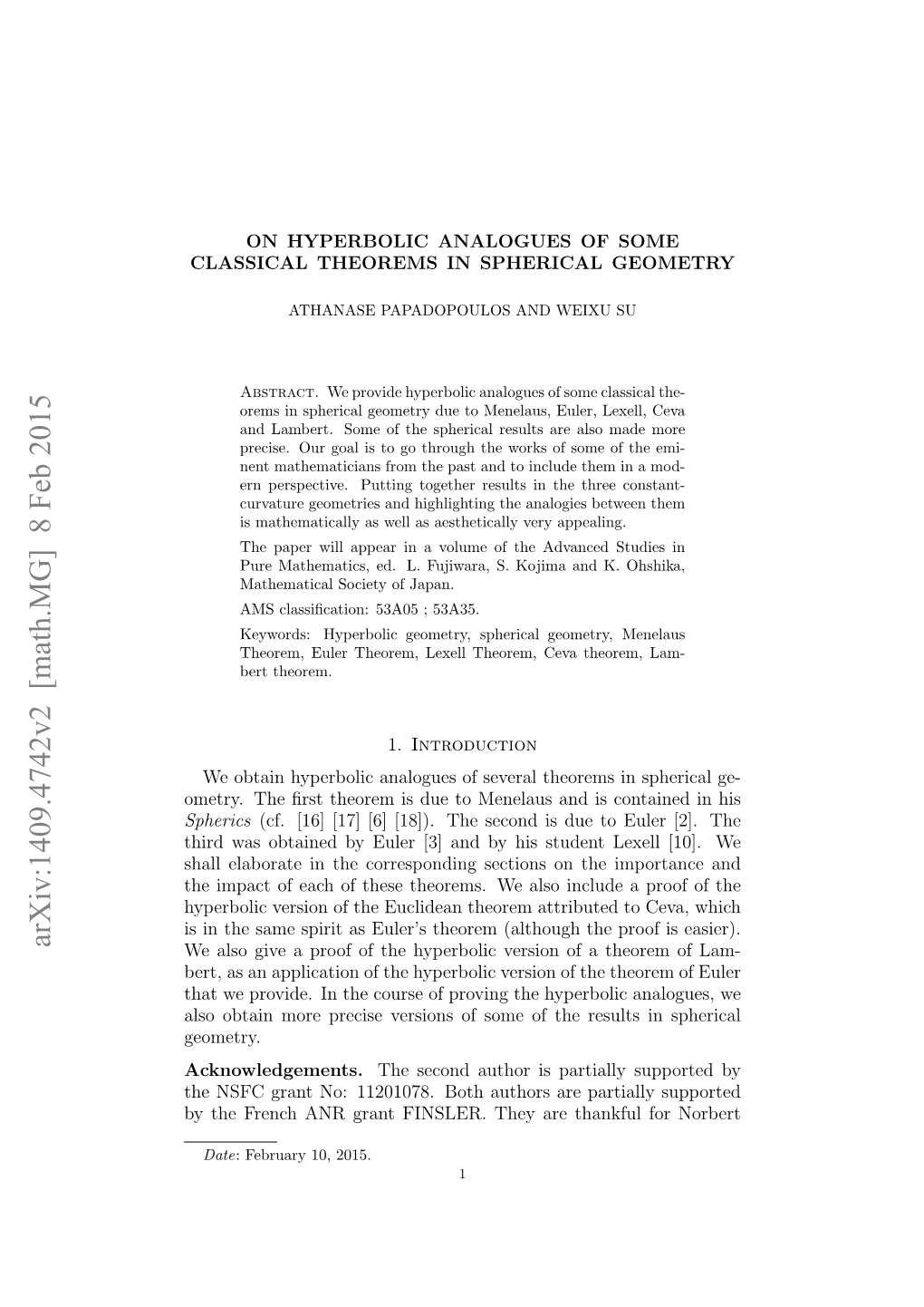 On Hyperbolic Analogues of Some Classical Theorems in Spherical Geometry