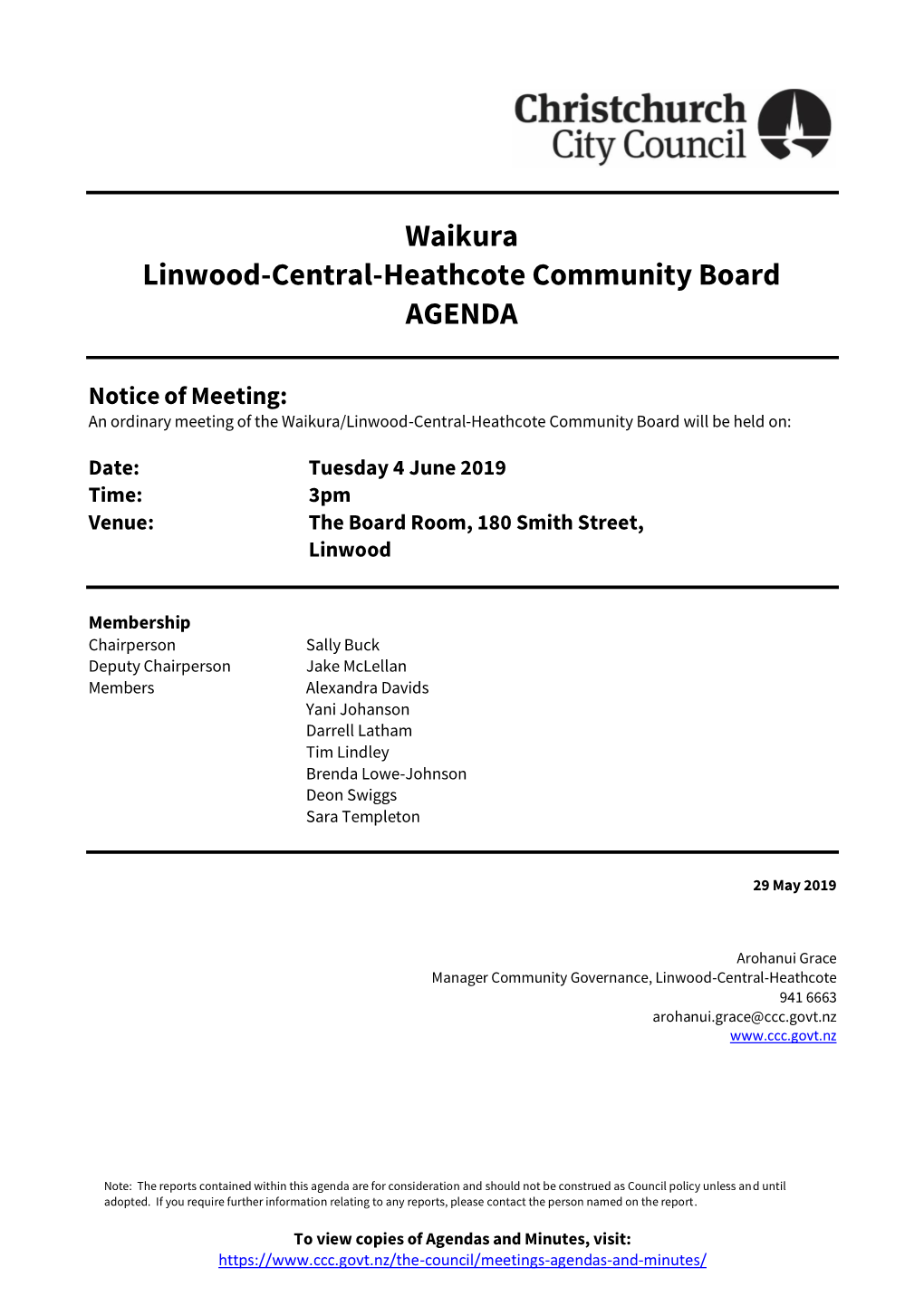 Agenda of Waikura/Linwood-Central