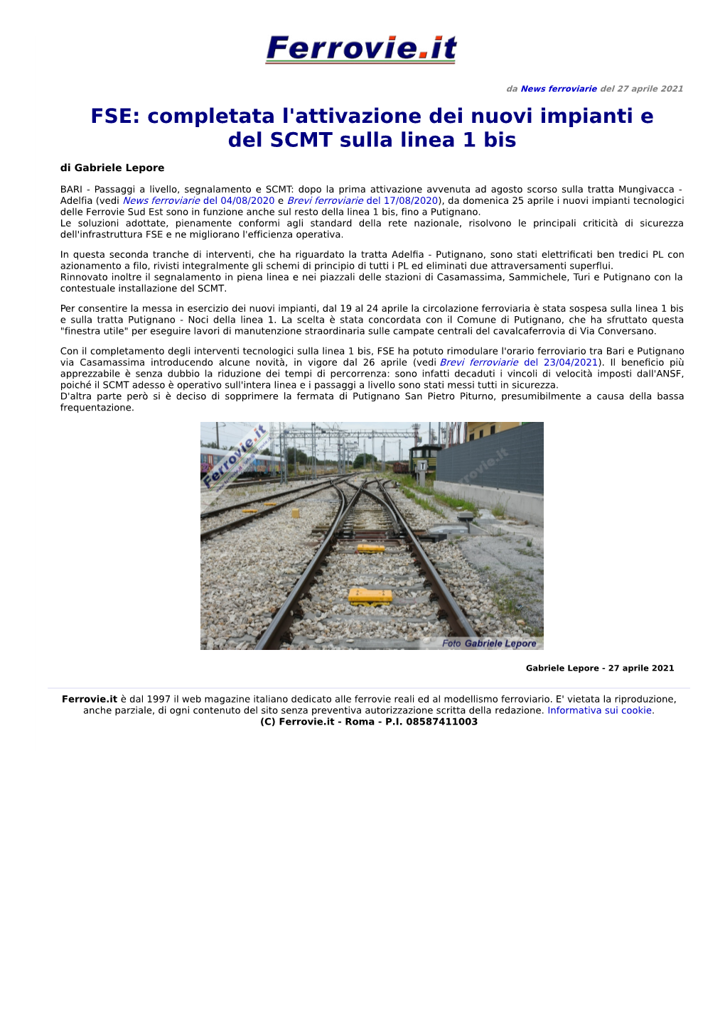 FSE: Completata L'attivazione Dei Nuovi Impianti E Del SCMT Sulla Linea 1 Bis Di Gabriele Lepore