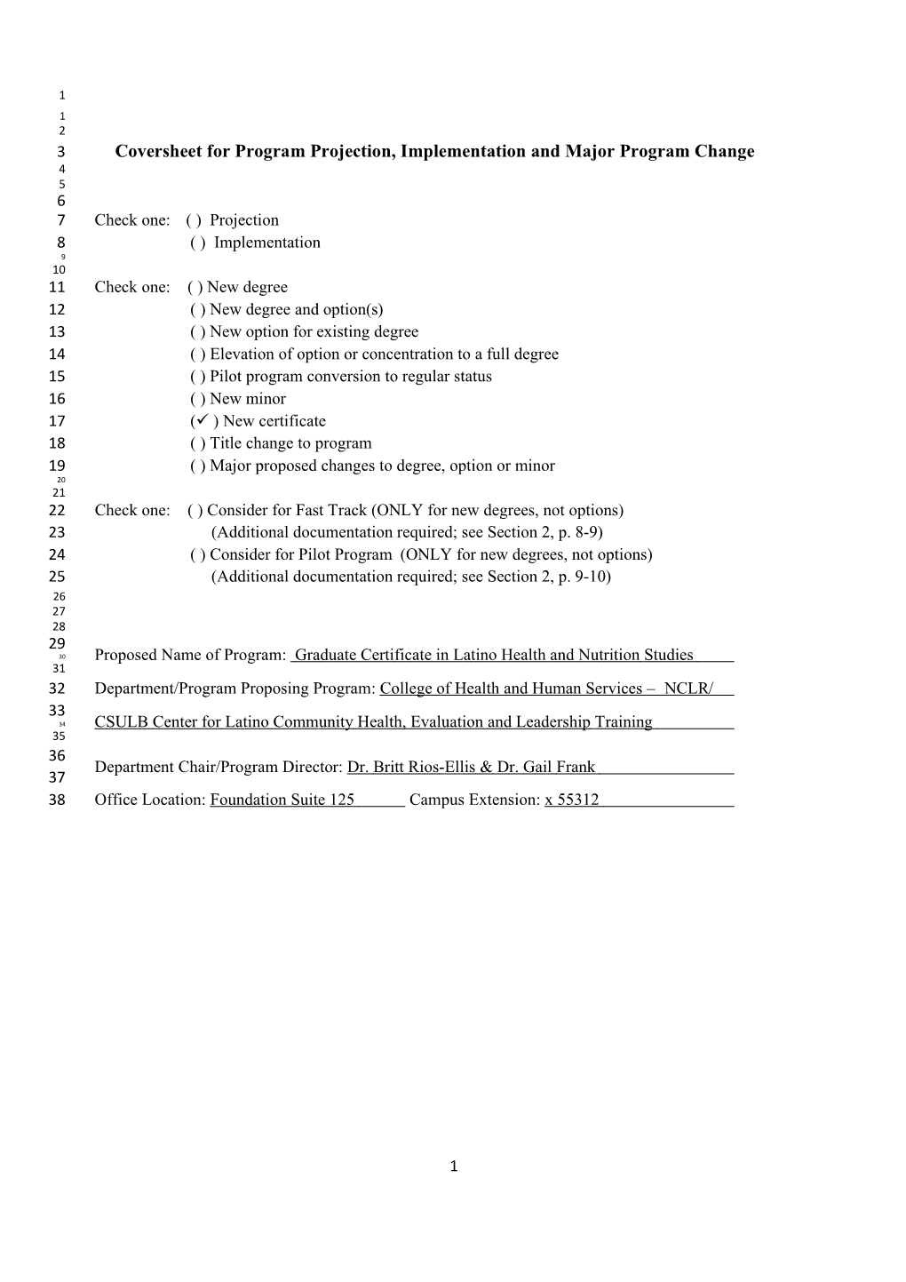 Coversheet for Program Projection, Implementation and Major Program Change