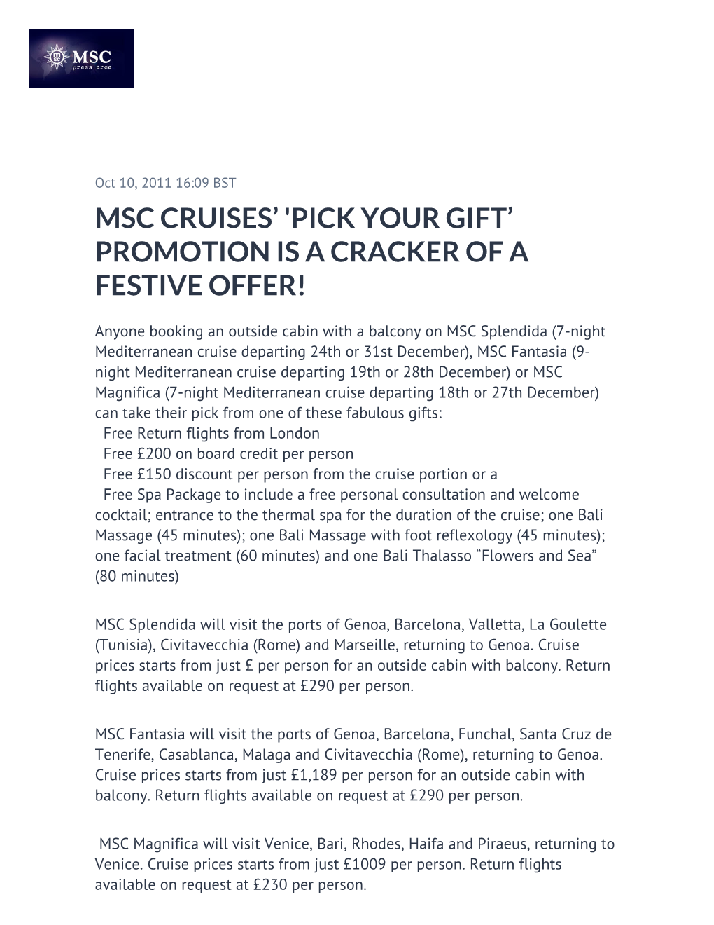 Msc Cruises’ 'Pick Your Gift’ Promotion Is a Cracker of a Festive Offer!