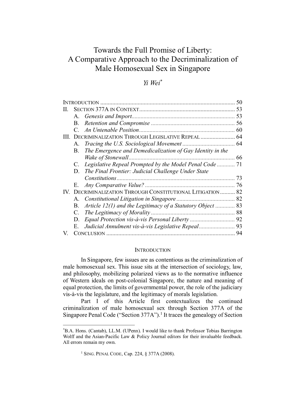 A Comparative Approach to the Decriminalization of Male Homosexual Sex in Singapore