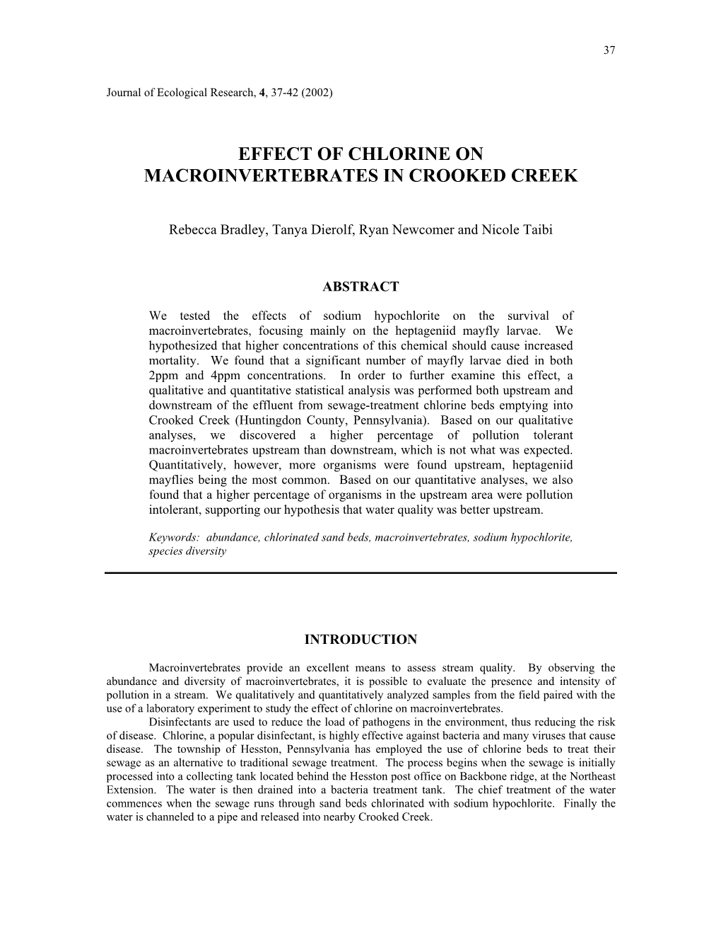 Effect of Chlorine on Macroinvertebrates in Crooked Creek