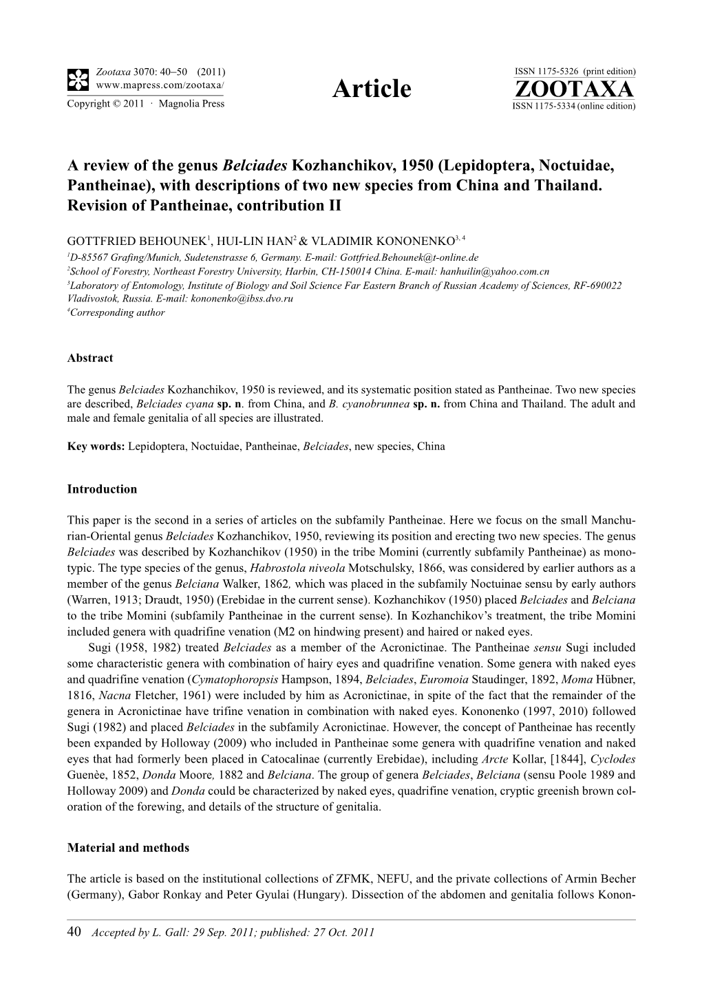 Lepidoptera, Noctuidae, Pantheinae), with Descriptions of Two New Species from China and Thailand