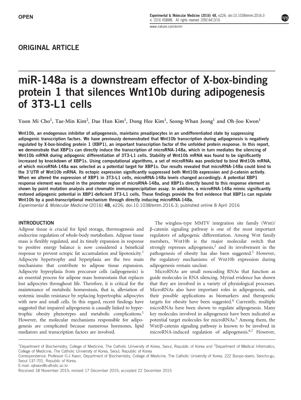 Mir-148A Is a Downstream Effector of X-Box-Binding Protein 1 That Silences Wnt10b During Adipogenesis of 3T3-L1 Cells