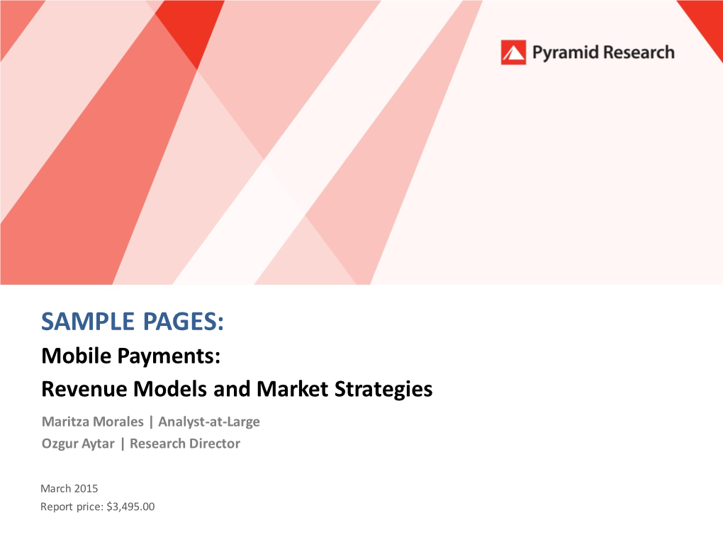 Mobile Payments: Revenue Models and Market Strategies Maritza Morales | Analyst-At-Large Ozgur Aytar | Research Director